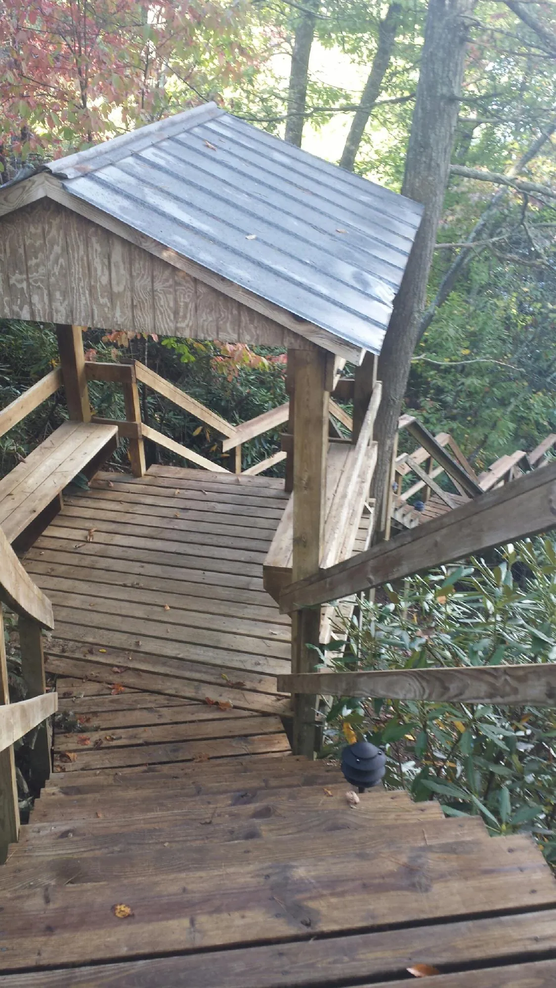 Metal roofed shelter over wooden steps on a wooded walkway — Skylight Repair & Installation work by our crew in Lusk